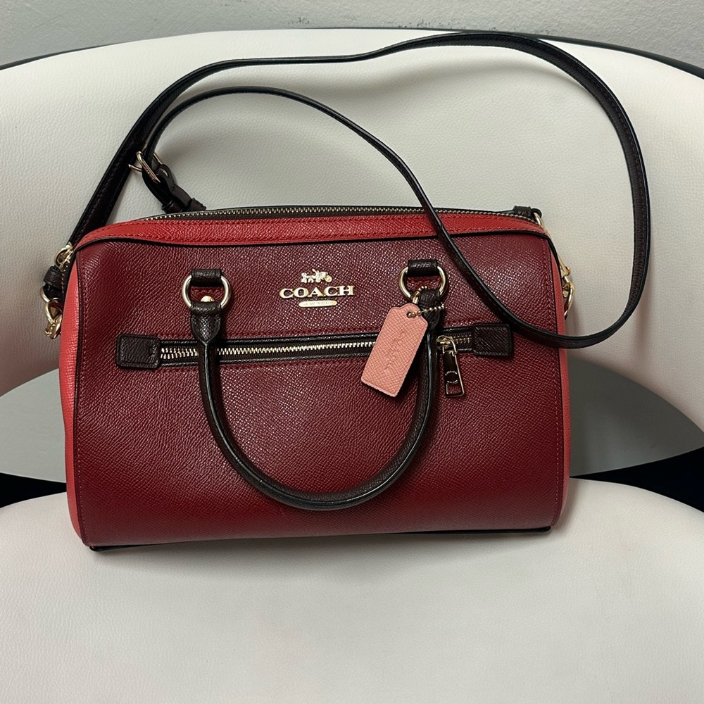 Coach Rowan Satchel Colorblock Deep Scarlet Multi, 2 in 1 Coach Boston style Bag - Picture 16 of 17